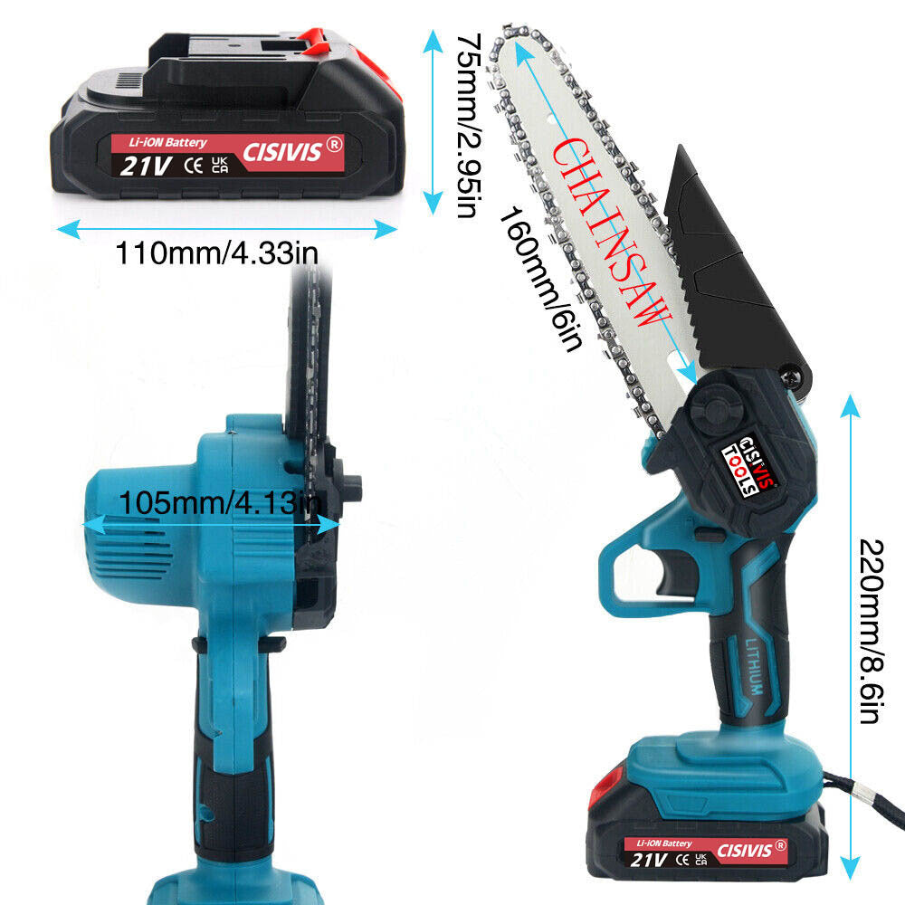 21V Mini Chain Saw 4-6 Inch Wireless Single Hand Saw Wood Cutter 2 Batteries